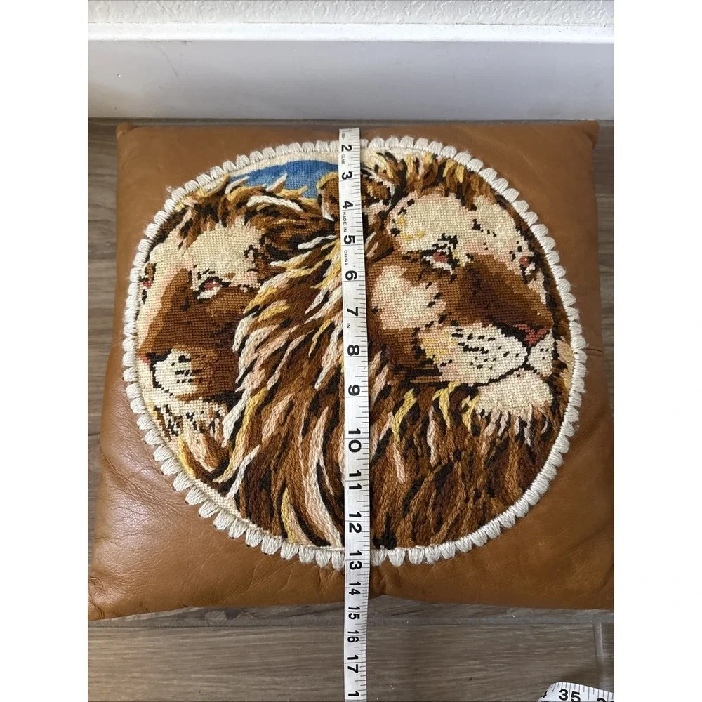 Vintage 1970s MCM Handmade Lion Needlepoint Pillow w/ Leather 15